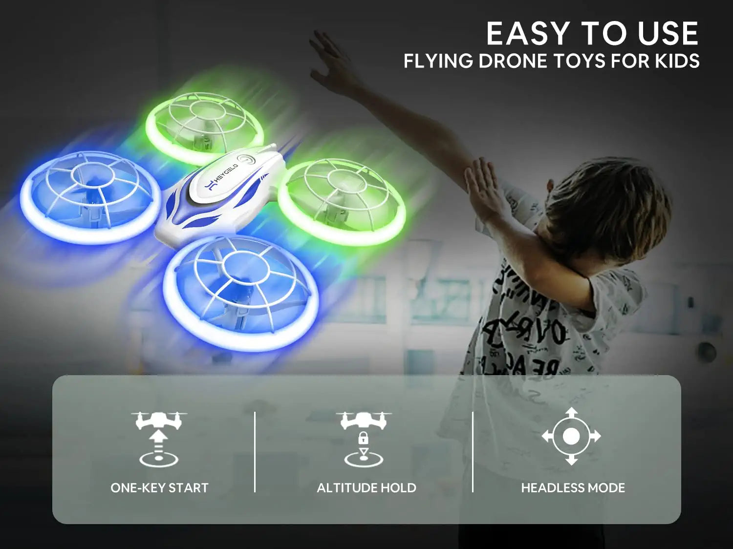 Heygelo S60 Drones for Kids - Mini Drone with LED Lights for Beginners, RC Quadcopter with Altitude Hold and Headless Mode, Full Propeller Protect, 3D Flips, 2 Batteries, Toys Gifts for Boys Girls - RCDrone