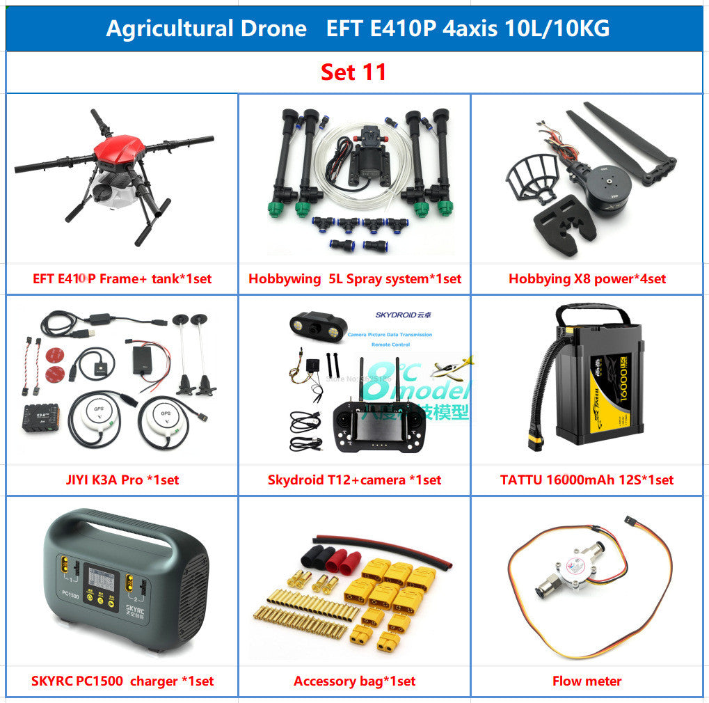 EFT E410P 10L Agriculture Drone, Agriculture drone with water tank, propellers, and accessories for farming applications.