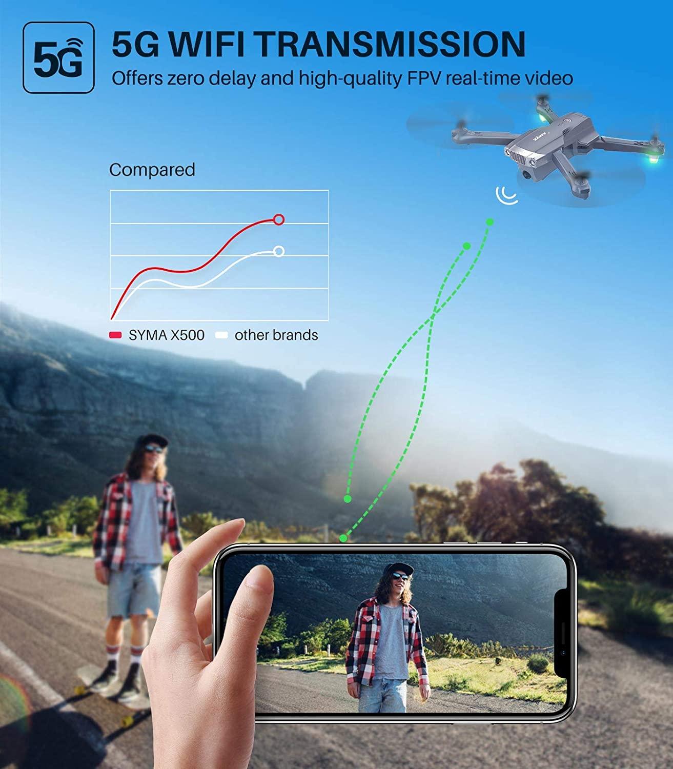 SYMA X500 4K HD Drone - with UHD Camera for Adults, Easy GPS Quadcopter for Beginner with 56mins Flight Time, Brush Motor, 5GHz FPV Transmission, Auto Return Home, Follow Me, Light Positioning, 2 Batteries Professional Camera Drone - RCDrone