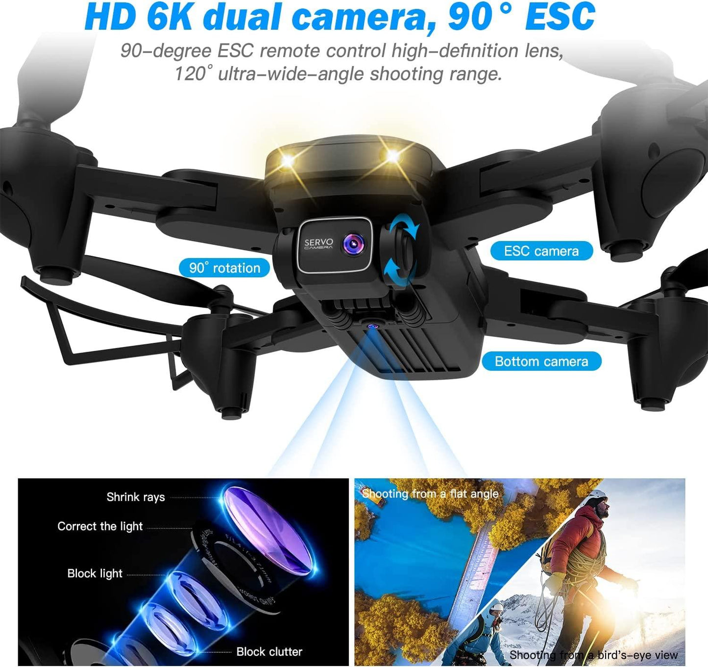 TizzyToy Drone - With Camera 6K, Equipped with Two Batteries, Additional 4 Blades and Charging Cable, Optical Flow Hovering, One-button 360° Flip, Equipped with RGB Lighting Fan Blades One Key Start Mode - RCDrone