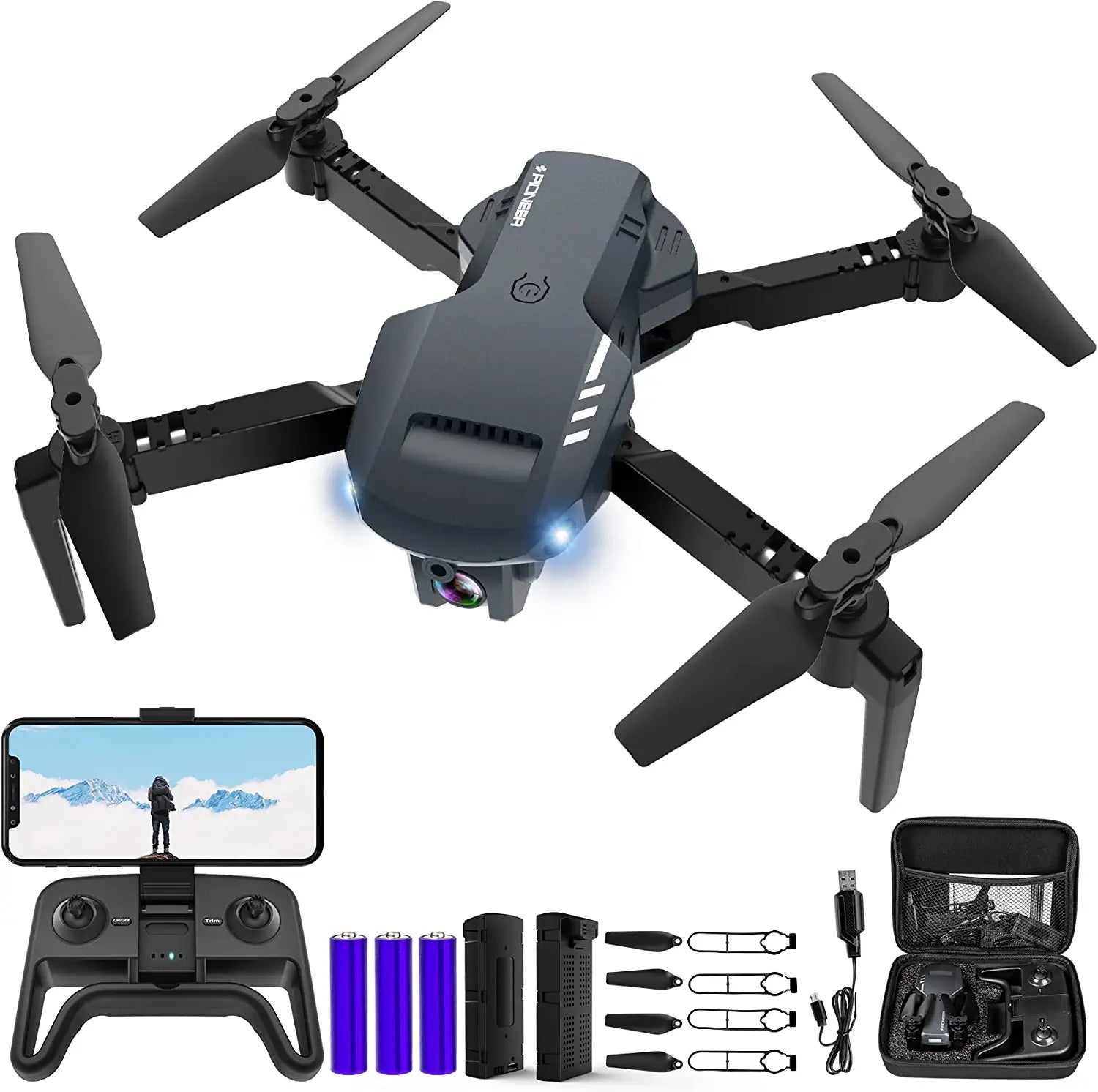 RADCLO Mini Drone with Camera - 1080P HD FPV Foldable Drone with Carrying Case, 2 batteries, 90° Adjustable Lens, One Key Take Off/Land, Altitude Hold, APP Control, 360° Flip, for Kids and Adults - RCDrone