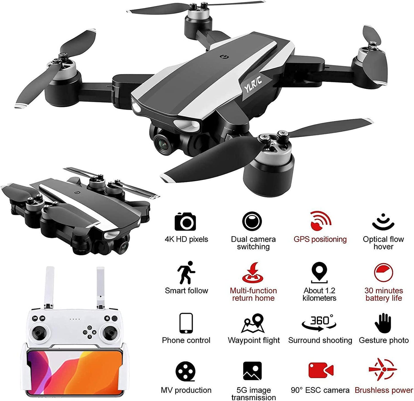 S105 PRO Drone - GPS 5G Wifi Professional 4K HD Double Camera Brushless Motor Drones Stabilier, Drone for Adult with 3 Batteries Professional Camera Drone - RCDrone