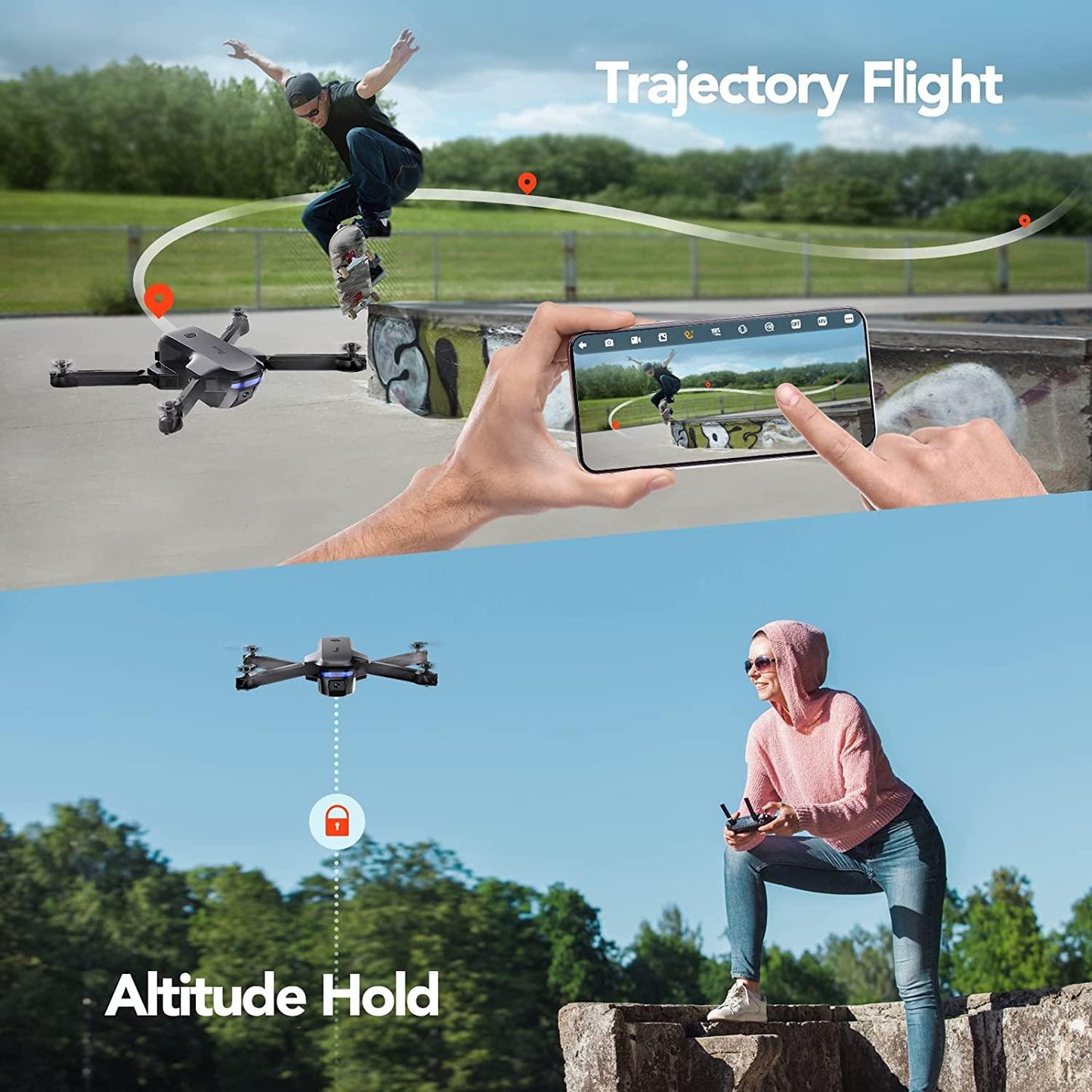 Potensic P4 Foldable Drone - with Camera for Adults Beginners, FPV 1080P HD WiFi Remote Control Quadcopter with 40 Mins 2 Batteries, Altitude Hold, Gravity Control, Trajectory Flight, Headless Mode - RCDrone