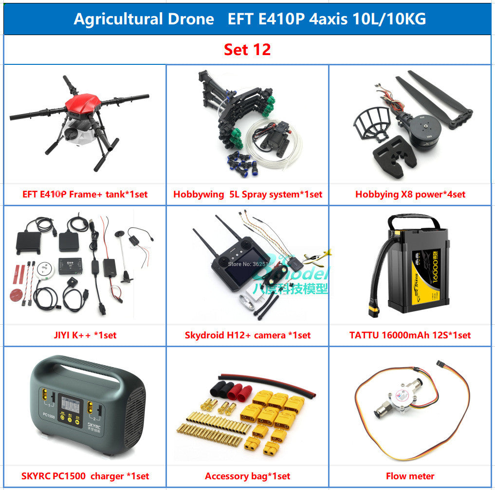 EFT E410P 10L Agriculture Drone, EFT E410P Agriculture Drone with water tank, camera compatibility, and accessories.