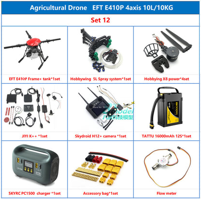 EFT E410P 10L Agriculture Drone, Drone kit for precision agriculture with 4-axis frame, water tank, and accessories.