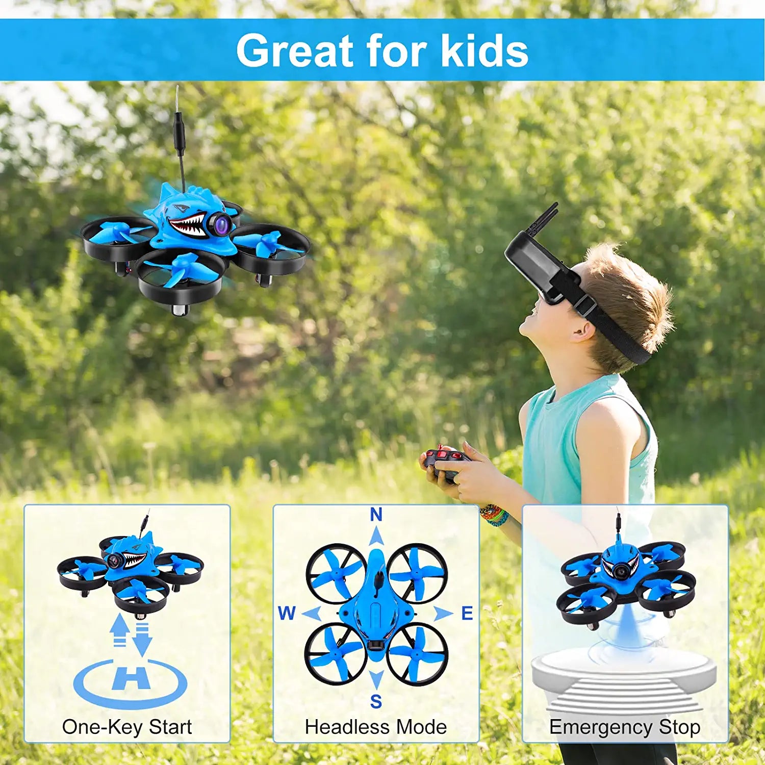 Makerfire Micro FPV Racing Drone - with FPV Goggles 5.8G 40CH 1000TVL Camera RTF Tiny Whoop Mini FPV Quadcopter for Beginners,Altitude Hold, One Key Return, Headless Mode Armor Blue Shark - RCDrone