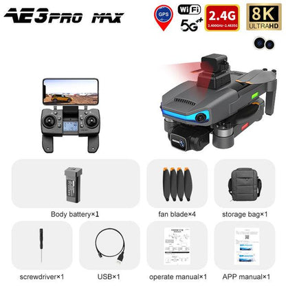 AE3 Pro Max Drone - 8K HD Dual Camera 6Axis EIS Gimbal 5G Wifi GPS FPV Folding RC Drones Quadcopter Professional Camera Drone - RCDrone