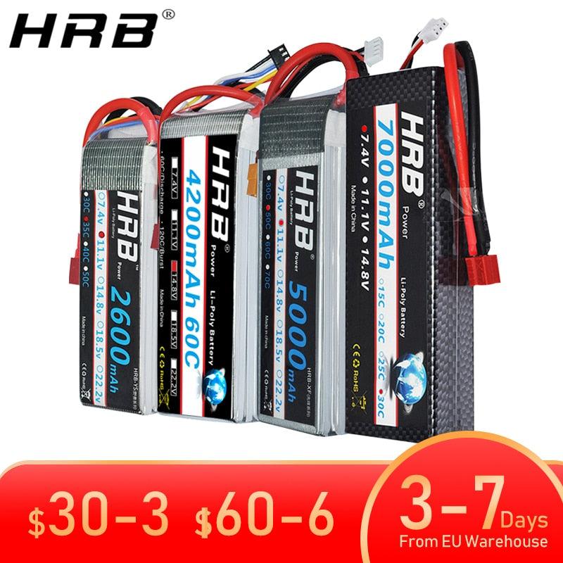 HRB 2S 3S 5S 4S 6S Lipo Battery - 3000mah 4000mah 5000mah 6000mah 7.4V 11.1V 14.8V 18.5V 22.2V XT60 Deans EC5 FPV Airplanes Cars Drone Helicopters Toys - RCDrone