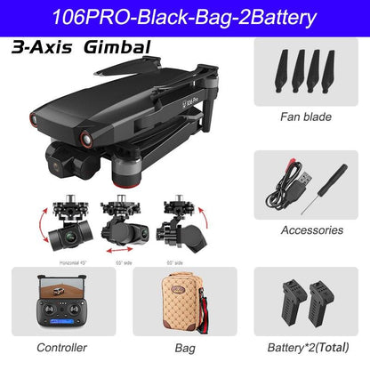 New RC Drone 106 Pro GPS 4K HD Dual Camera Three-Axis Anti-Shake Gimbal 5G WIFI FPV Brushless Motor Foldable Quadcopter Gift Toy Professional Camera Drone - RCDrone
