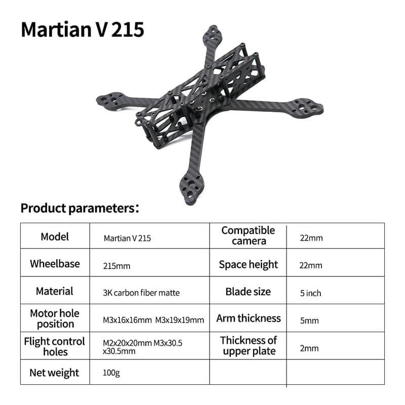 Inch FPV Drone Frame Kit Martian V Wheelbase 215mm 5mm Arm