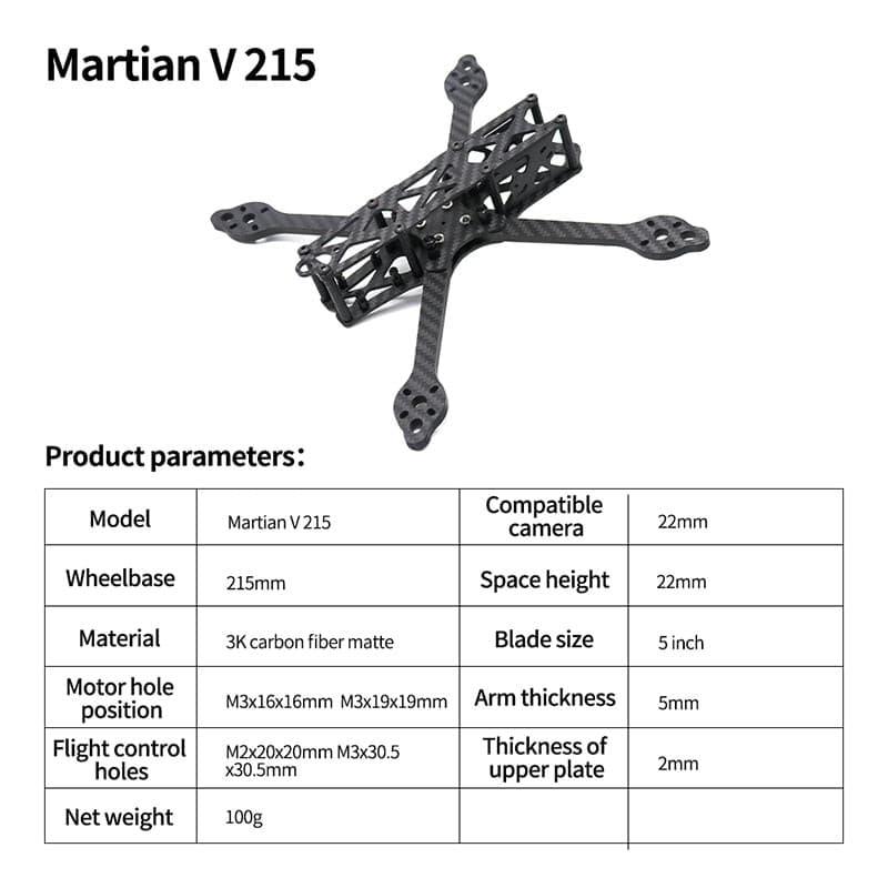 5 Inch FPV Drone Frame Kit - Martian V Wheelbase 215mm 5mm Arm Carbon Fiber for FPV Racing Drone Accessories - RCDrone