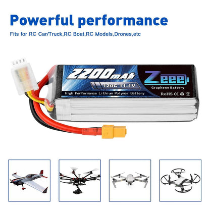 2units Zeee Lipo Battery 11.1V 3S 2200mAh - 120C RC Graphene Lipo Battery with XT60 Plug For FPV RC Helicopter Drone Boat Airplane - RCDrone