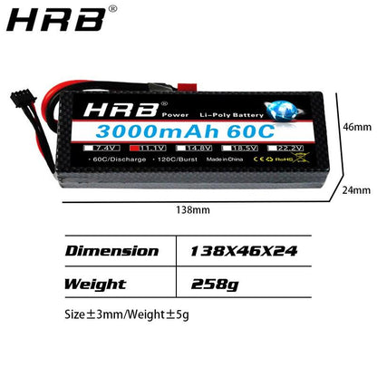 HRB 11.1V 3000mah Lipo 3S Battery - 60C Hard Case XT60 T Deans XT90 EC5 Plug Buggy Car Racing Truck Boat RC Parts - RCDrone