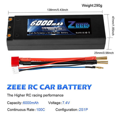 Zeee Lipo Battery 6000mAh 7.4V 100C 2S Lipo RC Car Battery with Deans T Plug 2S RC Lipo Battery for Car Boat Truck Truggy Buggy FPV Drone Battery - RCDrone