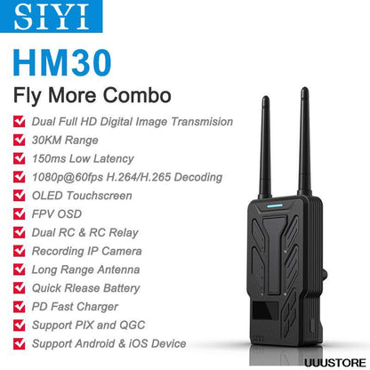SIYI HM30 Full HD Digital Video Link - Radio System Transmitter Remote Control OLED Touchscreen 30KM 1080p 60fps 150ms FPV OSD - RCDrone