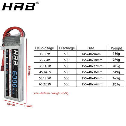 HRB 6000mah Lipo Battery - 50C 3S 2S 7.4V 11.1V 14.8V Deans T XT60 4S 5S 6S 3.7V 18.5V 22.2V 1S RC Helicopter Airplanes Car Parts - RCDrone