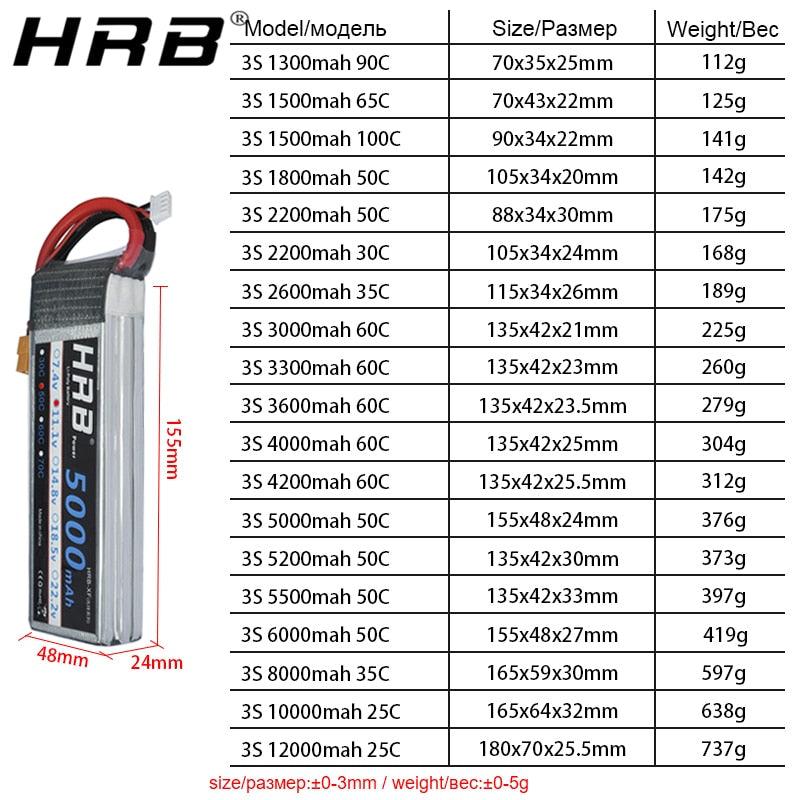 HRB Lipo Battery 3S 11.1V - 2200mah 5000mah 1300mah 1500mah 1800mah 3000mah 4000mah 6000mah 10000mah 12000mah 16000 22000mah XT60 - RCDrone