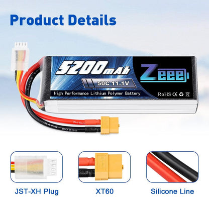 Zeee 3S Lipo Battery - 11.1V 50C 5200mAh XT60 Plug for RC Car Helicopter Quadcopter Boat RC Airplane FPV Drone Battery - RCDrone