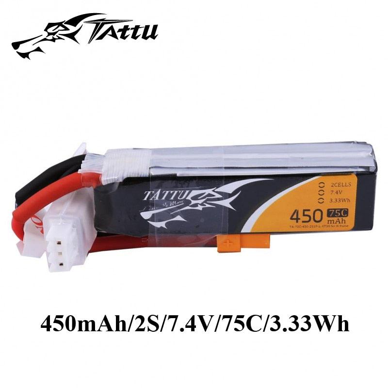 Ace Tattu Lipo Battery 7.4v 7.6v 450mAh 1s 2s 3s 4s 75C 95C with XT30 Plug Long size RC Batteries for 120 Size FPV Drone Frame - RCDrone