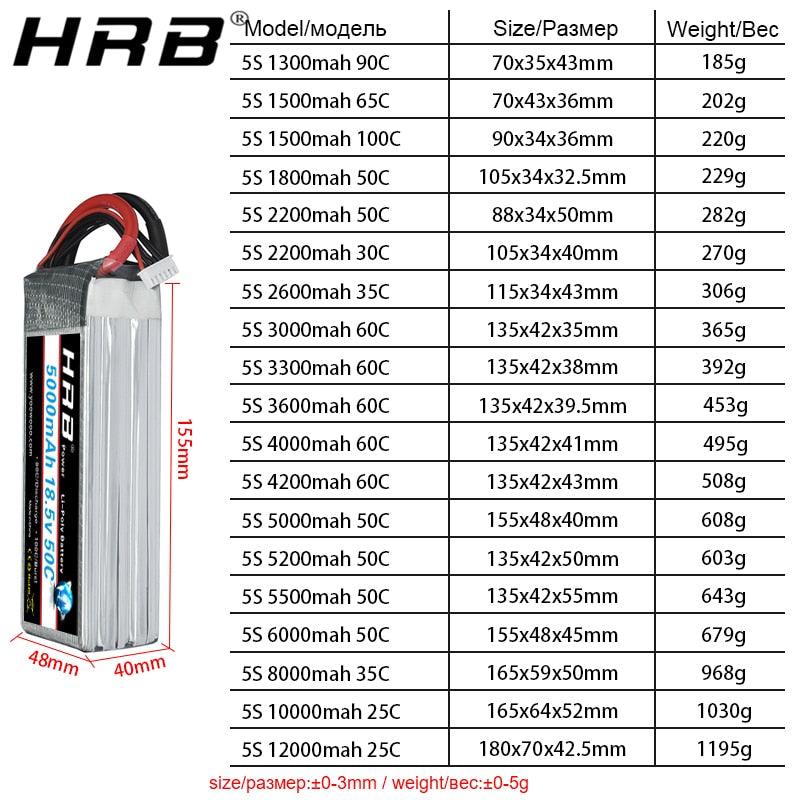 HRB Lipo 5S 18.5V Battery - T Deans 2200mah 2600mah 3000 3300mah 4000mah 5000mah 6000mah 10000mah 22000mah For T-REX 550 RC Parts - RCDrone