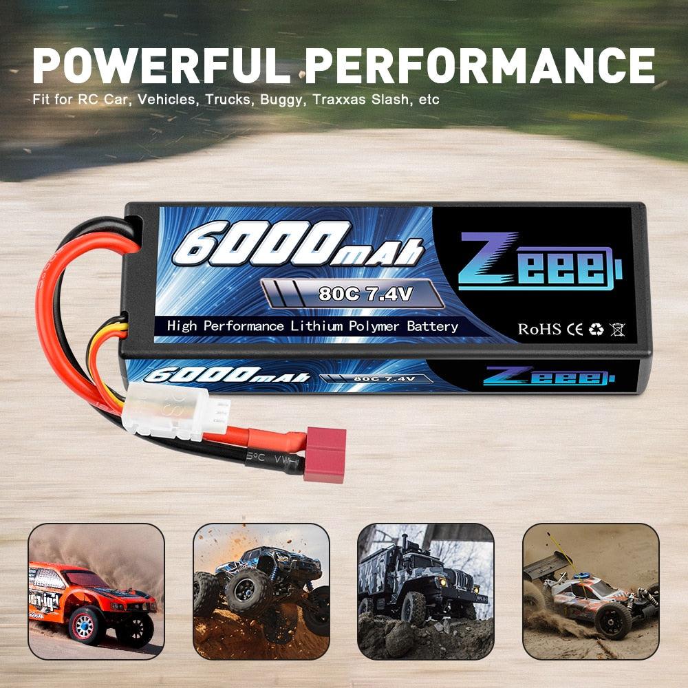 Zeee 2S 6000mAh 7.4V 80C Lipo Battery for RC Parts Hardcase with Deans Plug for RC Car Vehicle Truck Tank Losi Slash Truggy FPV Drone Battery - RCDrone
