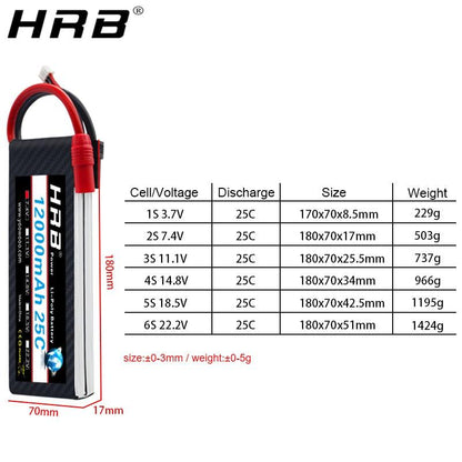 HRB Lipo Battery 12000mah 7.4V 11.1V - T Deans XT60 XT90 EC5 14.8V 18.5V 22.2V 2S 3S 4S 5S 6S 1S RC FPV Helicopter Airplane Parts - RCDrone