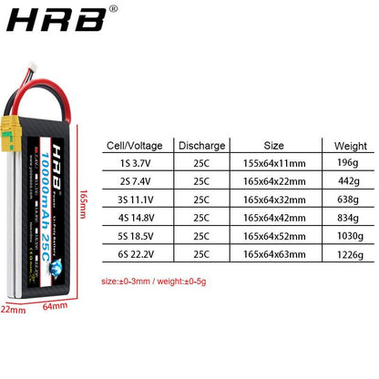 HRB 2S 3S 4S Lipo Battery - 10000mah 7.4V 11.1V 14.8V T Deans XT60 EC5 XT90 18.5V 22.2V 5S 6S 25C RC Helicopter Airplane Car Parts - RCDrone
