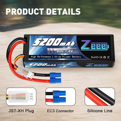 2units Zeee 7.4V 5200mAh 80C 2S Lipo Battery Hard Case with EC3 Plug for RC Car Helicopter Quadcopter UAV Drone FPV Battery High Quality - RCDrone