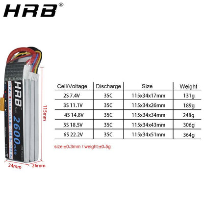 HRB Lipo Battery 2600mah T Dean 2S 3S 7.4V 35C XT60 Plug 11.1V 14.8V 18.5V 22.2V For Airplane Helicopter Drone FPV RC Parts 4S 5S 6S - RCDrone