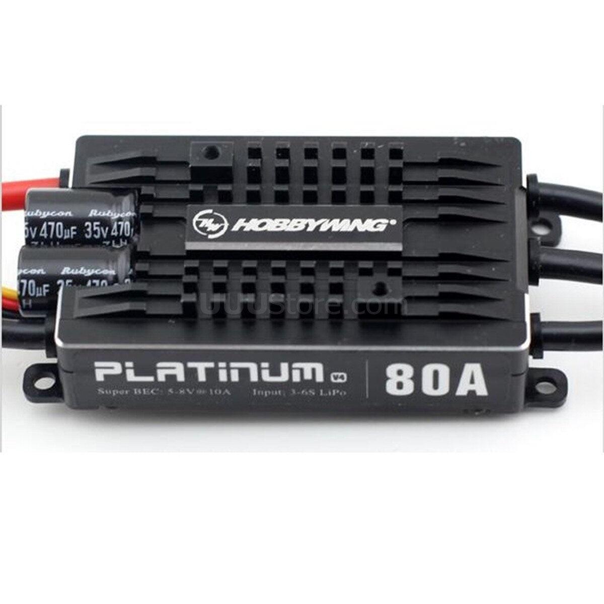 HobbyWing Platinum 80A V4  ESC, High-performance ESC for 450-class helis and drones, supports 3S-6S batteries with adjustable voltage and current.