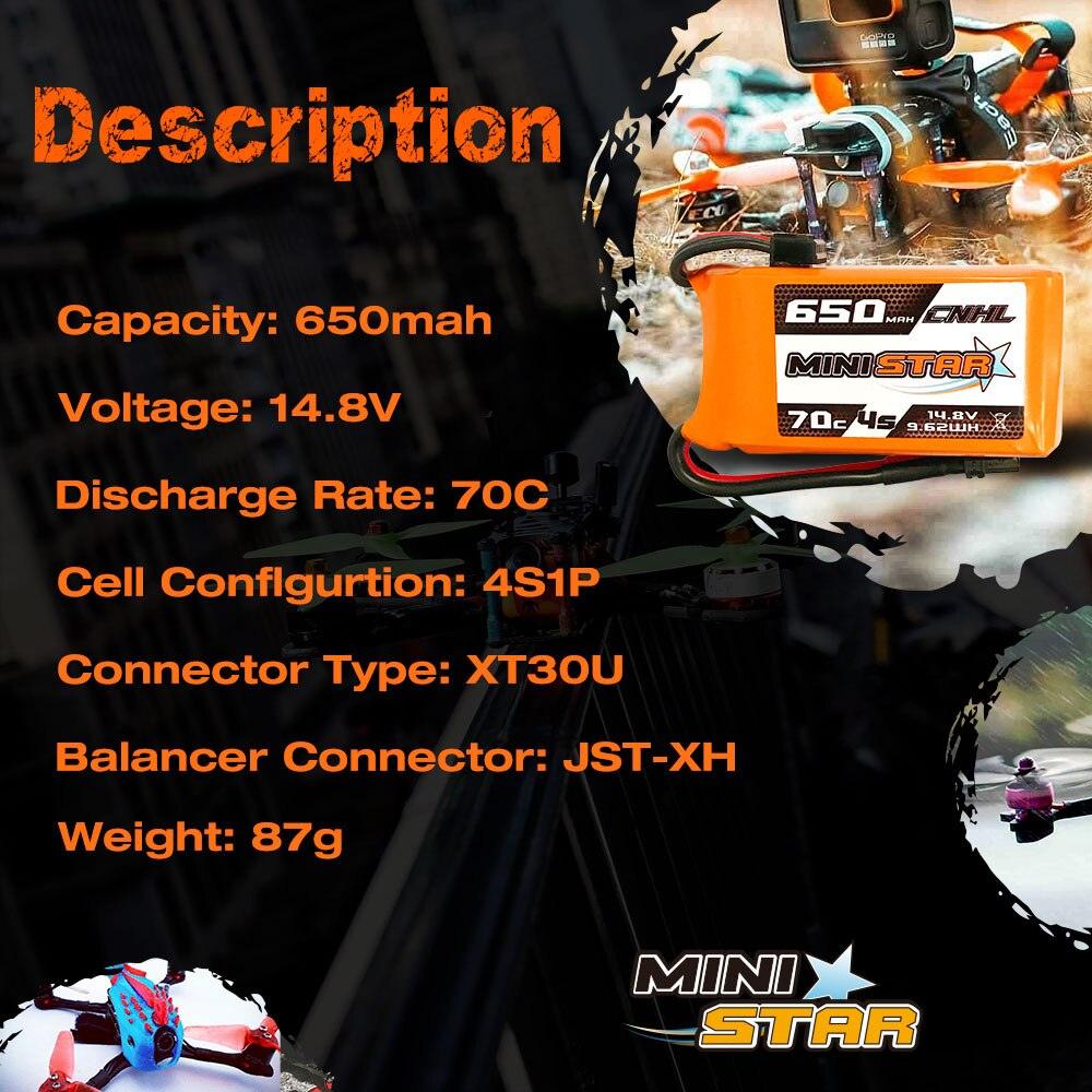 3PCS CNHL14.8V 650mAh Lipo 4S Battery for FPV Drone - 70C MiniStar With XT30U Plug For Mini Quad RC FPV Airplane Quadcopter Drone Hobby Part - RCDrone