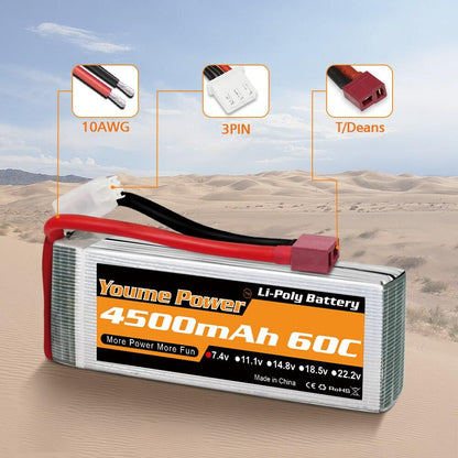 Youme 2S Lipo Battery 7.4V 4500mah - 50C XT60 T XT90 XT150 EC3 EC5 for FPV Drone RC Helicopter Airplane Boat Quadcopter - RCDrone
