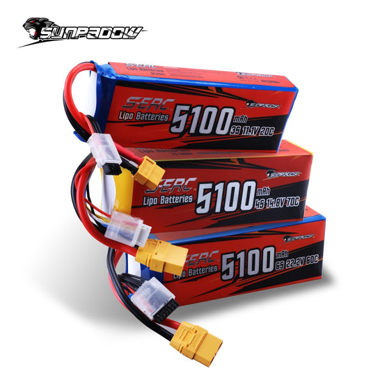 Sunpadow RC 3S 4S 6S Lipo Battery 5100mAh - for 11.1V 14.8V 22.2V with XT60 XT90 Plug For Rcing Airplane Drone FPV Helicopter