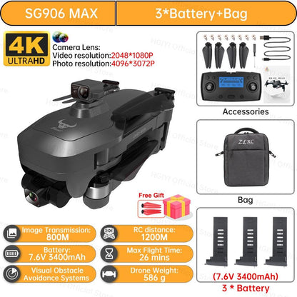 HGIYI SG906 MAX2 Drone - 5000mAH GPS 4K HD Professional Camera with 3-Axis Gimbal 360 Obstacle Avoidance 906 MAX Brushless Quadcopter Professional Camera Drone - RCDrone