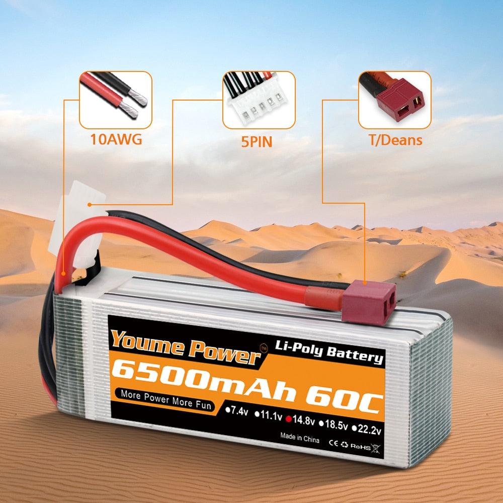 Youme 4S Lipo Battery 14.8V 6500mah - 50C XT60 T XT90 XT150 EC3 EC5 for RC Helicopter Airplane Boat Quadcopter - RCDrone