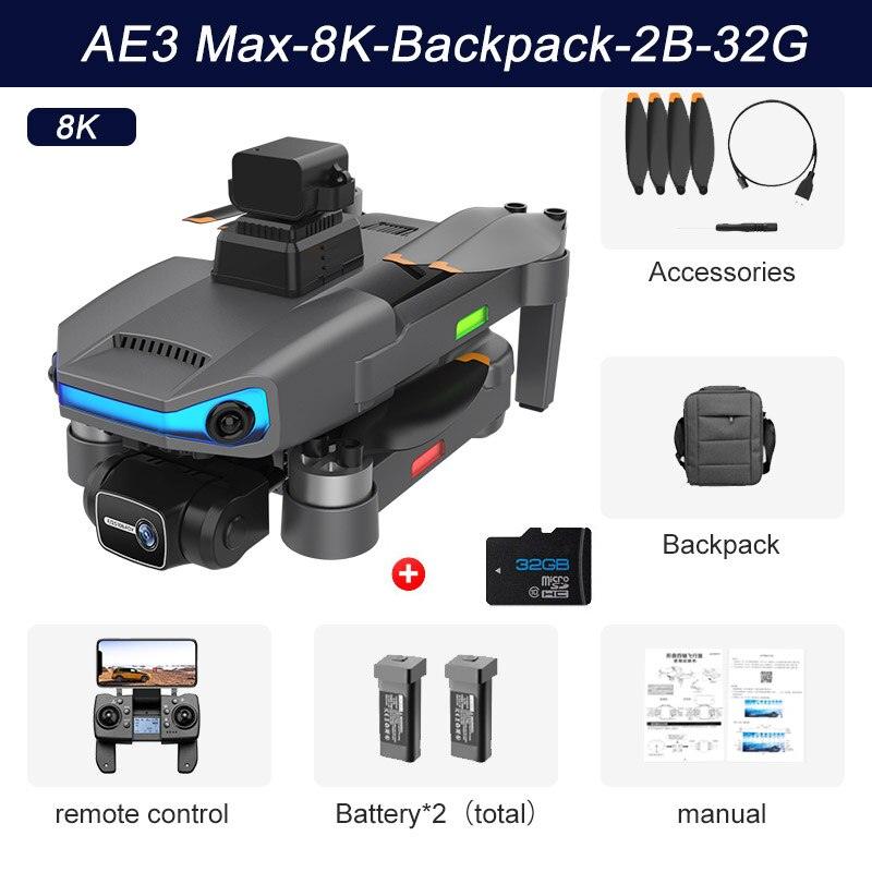 JINHENG AE3 Pro Max GPS Drone - 3-Axis Gimbal 8K HD Dual Camera 360 Obstacle Avoidance 5G Folding Quadcopter RC Distance 5000M Toys Camera Drone Professional Camera Drone - RCDrone