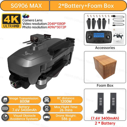 HGIYI SG906 MAX2 Drone - 5000mAH GPS 4K HD Professional Camera with 3-Axis Gimbal 360 Obstacle Avoidance 906 MAX Brushless Quadcopter Professional Camera Drone - RCDrone