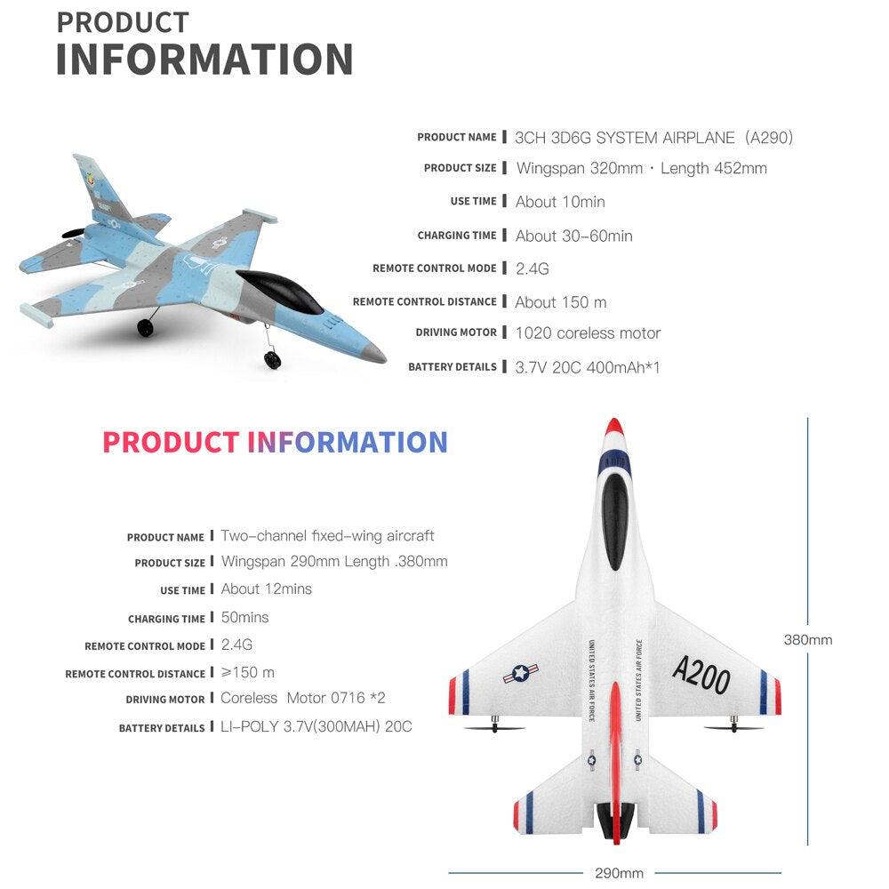 Wltoys A290 F16 3CH RC Airplane - 2.4G Remote Control Fixed Wing A200 RC Airctaft Landing Glider Planes Model Foam Toys For Boys - RCDrone