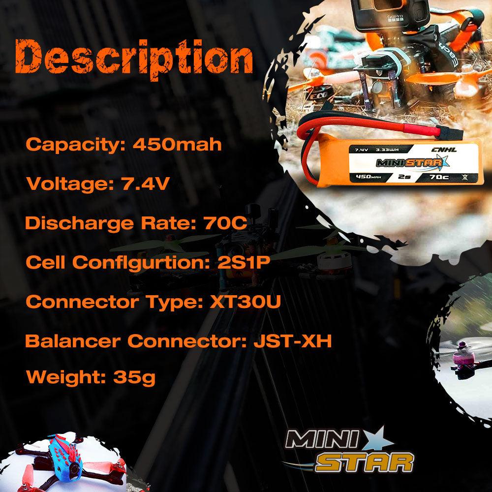 6PCS CNHL 2S 3S 4S 7.4V 11.1V 14.8V Lipo Battery for FPV Drone - 450mAh 850mAh 70C MiniStar With XT30 Plug For FPV Toothpick Drone Quadcopter RC Toys - RCDrone