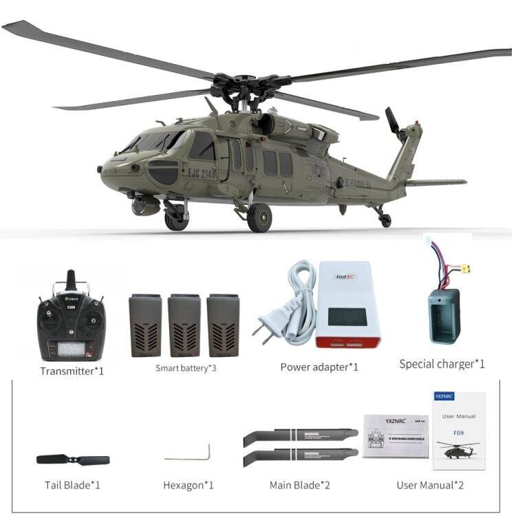YXZNRC F09 RC Helicopter - 1:47 Scale UH60 Black Hawk 6CH 3D Flybarless Direct Drive Dual Brushless With Transmitter RTF/BNF - RCDrone