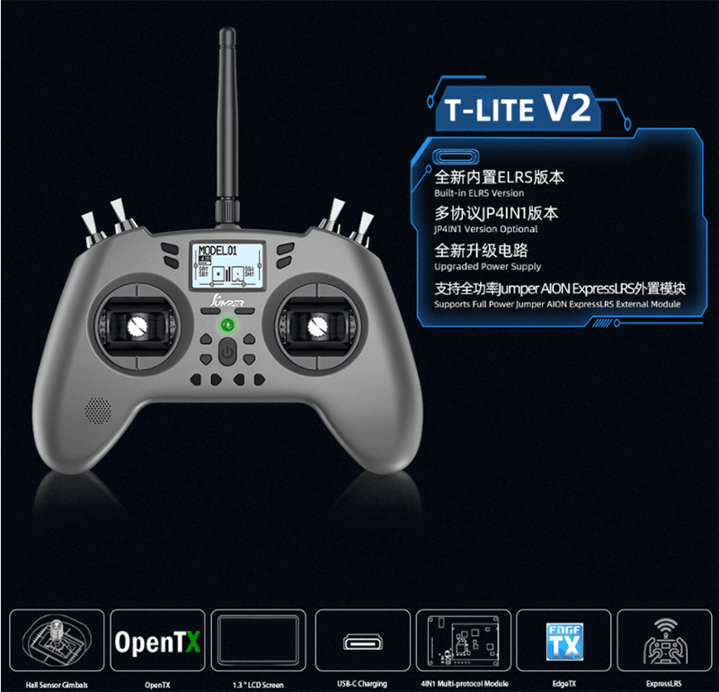 Jumper T-Lite V2 2.4GHz 16CH Hall Sensor Gimbals Built-in ELRS/ JP4IN1 Multi-protocol OpenTX Transmitter for RC Drone Airplane - RCDrone