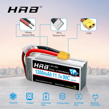 HRB Battery Lipo 2S 3S - 1300mah 4S 5S 6S 1500mah 1800mah 2200mah 2600mah 7.4V 11.1V 14.8V 18.5V 22.2V For Drone FPV Airplanes - RCDrone