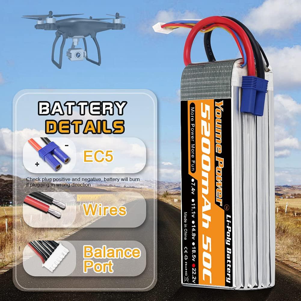 Youme 6S Lipo Battery 22.2V 5200mah 50C XT60 T XT90 XT150 EC3 EC5 for RC Helicopter Airplane Boat Quadcopter - RCDrone